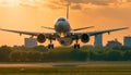 Commercial airplane taking off at dusk, transporting passengers to travel destinations generated by AI Royalty Free Stock Photo
