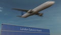 Commercial airplane taking off at London Gatwick Airport Editorial 3D rendering