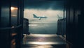 A commercial airplane vanishing into the dark blue dusk sky generated by AI