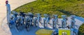 Commercial bikes on a bike rack in a park Royalty Free Stock Photo