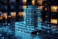 Commercial building data models, holographic technology, infographics, small square data sheets, future technology, Generative AI