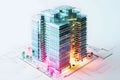 Commercial building data models, holographic technology, infographics, small square data sheets, future technology, Generative AI
