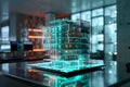 Commercial building data models, holographic technology, infographics, small square data sheets, future technology, Generative AI