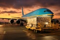 Commercial cargo air freight airplane loaded at airport in the evening, Generative AI