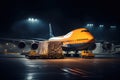 Commercial cargo air freight airplane loaded at airport in the evening, Generative AI Royalty Free Stock Photo