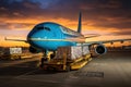 Commercial cargo air freight airplane loaded at airport in the evening, Generative AI Royalty Free Stock Photo