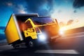 Commercial cargo delivery truck with trailer driving on highway at sunset. Royalty Free Stock Photo