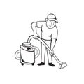 Commercial Carpet Cleaner Worker Vacuuming with Vacuum Cartoon Black and White