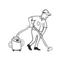 Commercial Carpet Cleaner Worker Vacuuming with Vacuum Cartoon Black and White