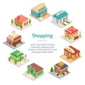 Commercial City Shops Signs 3d Banner Card Circle Isometric View. Vector