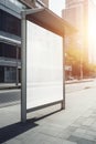 Commercial Cityscape - Vertical White Billboard on Bus Stop on a Sunny Summer Day - Model in Urban Setting...Vertical White Poster