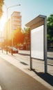 Commercial Cityscape - Vertical White Billboard on Bus Stop on a Sunny Summer Day - Model in Urban Setting...Vertical White Poster