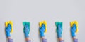 Commercial cleaning company. Employee hands in blue rubber protective glove. General or regular cleanup Royalty Free Stock Photo