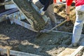 Pouring concrete material for new sidewalk. Royalty Free Stock Photo