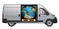 Commercial delivery van with Earth Globe. Worldwide delivery and freight transportation concept, 3D rendering