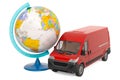Commercial delivery van with geographical globe. Worldwide delivery and freight transportation concept, 3D rendering