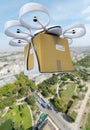 Commercial drone flying above a big city Royalty Free Stock Photo