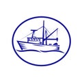 Commercial Fishing Boat Oval Woodcut