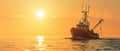 Commercial Fishing Vessel Sailing On Calm Ocean Waters In Golden Sunset Light Royalty Free Stock Photo