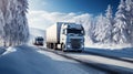 Commercial freight trucks driving through a snow-covered forest road under a bright winter sky, illustrating transportation during