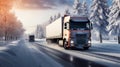 Commercial freight trucks driving through a snow-covered forest road under a bright winter sky, illustrating transportation during