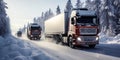 Commercial freight trucks driving through a snow-covered forest road under a bright winter sky illustrating transportation during