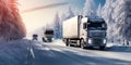 Commercial freight trucks driving through a snow-covered forest road under a bright winter sky illustrating transportation during