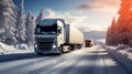 Commercial freight trucks driving through a snow-covered forest road under a bright winter sky illustrating transportation during