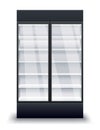 Commercial fridge. Realistic empty refrigerator. Supermarket commercial freezer equipment. Freeze appliances for drinks