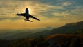 Commercial jet aeroplane maneuvering over mountain