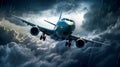 Commercial large passenger jet airplane flying through the storm in the sky. Travel background and wide aerial poster Royalty Free Stock Photo