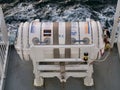 A commercial life raft aboard a UK ferry Northlink sailing between Aberdeen and Lerwick in Shetland Royalty Free Stock Photo