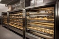 commercial ovens, with racks full of freshly baked bread and pastries