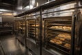 commercial ovens, with racks full of freshly baked bread and pastries