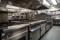 commercial ovens and ranges in restaurant kitchen, with pots, pans, and other cooking tools visible