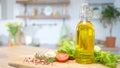 Commercial packshot with olive oil and fresh greens at the table