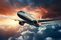 commercial passenger airliner in sky with clouds