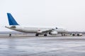 Commercial passenger airplane during push back operation.