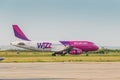 Commercial passenger jet airliner Airbus A320 of the Wizz Air Airline. Airplane is taxiing towards the runway ready for take off