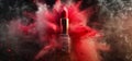 Commercial photography red lipstick. Powerful explosion of red dust, studio light Royalty Free Stock Photo