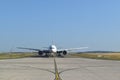 Commercial plane ready to take-off, front view. Aviation industry background.