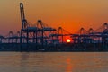 Commercial port at sunset