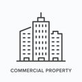 Commercial property flat line icon. Vector outline illustration of building. Black thin linear pictogram for appartment