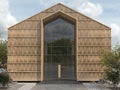 A commercial public building or pavilion with a pitched roof. Modern creative facade with a glass entrance group and wooden