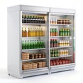 Commercial refrigerator with glass doors showcasing a variety of bottled drinks and packaged goods Royalty Free Stock Photo