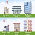 Commercial and Residential Real Estate Infographics, set of 6 buildings. Vector illustration