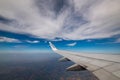 06/09/2021. Commercial Ryanair airborne airplane at high altitude. Cabin window view at wing with company name.