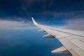 06/09/2021. Commercial Ryanair airborne airplane at high altitude. Cabin window view at wing with company name.