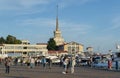 Commercial seaport of Sochi. City center with spike of main building tower Marine Station. Resort city center. Sochi