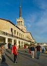 Commercial seaport of Sochi. City center with spike of main building tower Marine Station. Resort city center. Sochi,